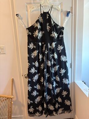 David's Bridal Black Maxi Dress with White Floral Print Accents